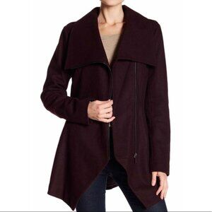 French Connection Tulip Hem Asymmetrical Hem Wool Blend Coat in Wine